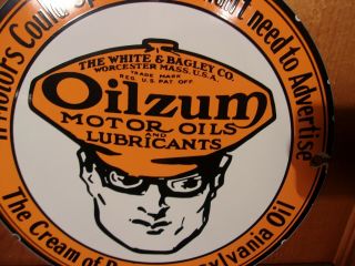 Vintage Oilzum Oil Man Porcelain Gas Station Motor Oil Lubester Pump Plate Sign