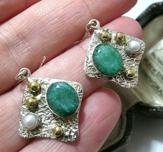 Vintage Style Modernist Sterling Silver Gold Real Emerald & Pearl Drop Earrings