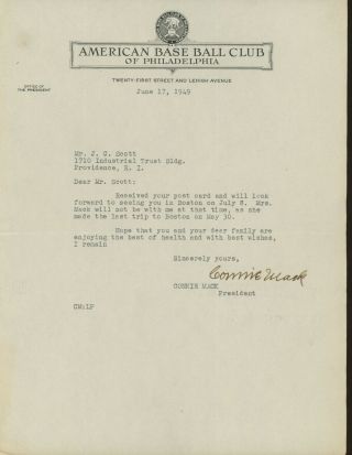 Connie Mack Baseball Hof Typed Letter Autographed Signed D.  1956 Jsa Loa