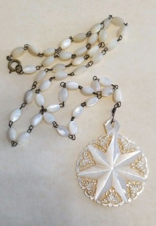 Vintage Antique Mother Of Pearl Mop Carved Star Flower Pendant 20 " Necklace
