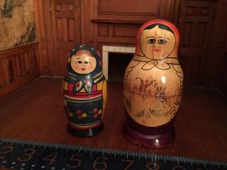 2 Vintage Native Russian Matryoshka Wooden Nesting Dolls