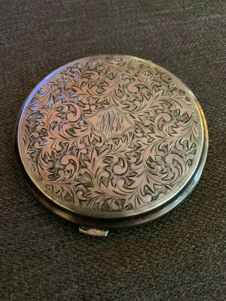Vintage.  950 Sterling Silver Etched Round Compact With Monogram