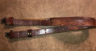 Vintage Adjustable Military 1” Brown Leather Rifle Sling With Sling Swivels