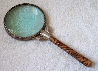 Vintage Carved Wooden Handle 3 " Green Hue Glass Lens Handheld Magnifying Glass
