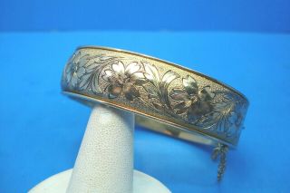 Vintage Dunn Bros 10k Gold Filled Wide Engraved Bangle Bracelet - - Safety Chain