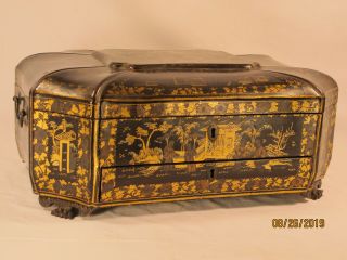 Antique Chinese Export Lacquer Ware Serpentine Sewing Box W/accessories