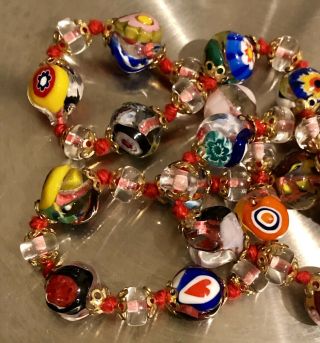 Vintage Murano Glass Millefiori Bead Necklace 16” Red Blue Yellow Barrell Clasp
