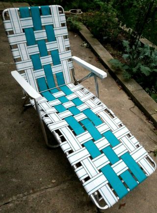 Vintage Chaise Lounge Chair Blue/white Woven Webbed Aluminum Folding Patio