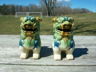 Vintage Pair Chinese Ceramic Temple Lion Foo Dogs Green/blue Unmarked 7 " Tall Cl