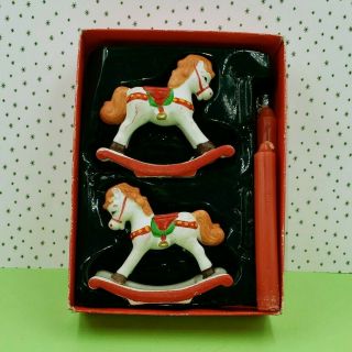Vintage Pair Handcrafted Rocking Horse Ceramic Candle Holders Christmas