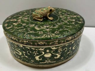 Vintage Trinket Box Metal Enamel Green And Gold With Mirror And Gold Frog