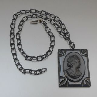 Vintage Art Deco Victorian Revival Black Bakelite Cameo Necklace Celluloid Chain