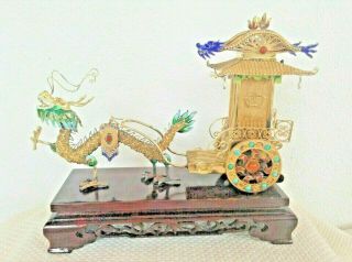 China Chinese Enamel Silver Filigree Figural - Dragon & Carriage,  Gilt & Pearls