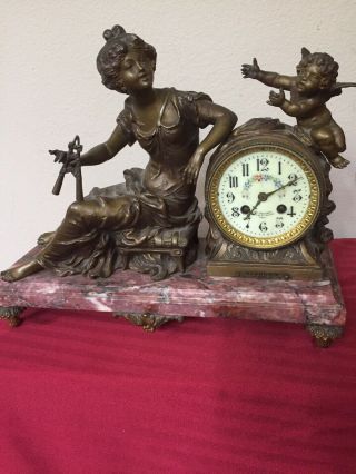 French Mantel Clock/urn Set " Harmonie " Par L&f Moreau Spelter /marble Ca.  1890s