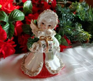 Vintage Napco Christmas Angel Figurine Spaghetti Trim White Red Trim Dress Japan