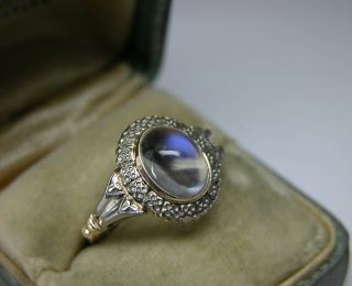 Antique Art Deco Blue Hue Moonstone Solid Gold Palladium Engagement Ring
