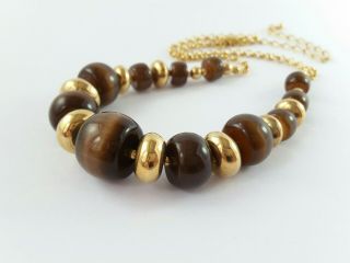 M&s Modernist Vintage Style Tigers Eye Glass Bead Necklace,  Gold Plated Chain