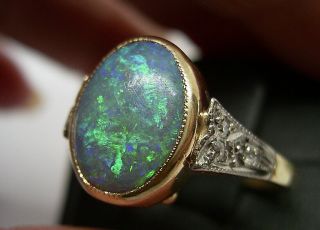Antique Art Deco Gold Solid Black Opal Diamond Ring Lightening Ridge? Sz M Us 6,
