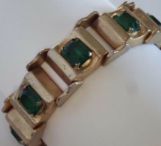 Vintage Machine Age Art Deco Gold Plate Emerald Green Rhinestone Bracelet