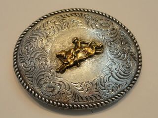 Vintage Wage Sterling Silver Overlay Bull Riding Western Belt Buckle,  Signed