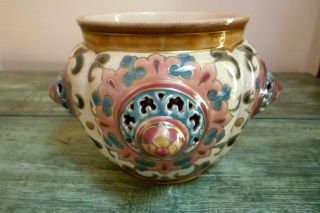 Antique Zsolnay Pecs Hungary Art Pottery Cache Pot Reticulated Design 19th C