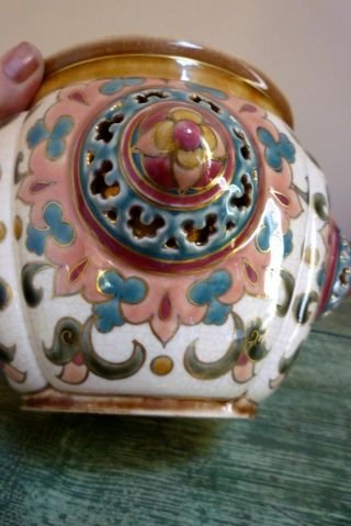 ANTIQUE ZSOLNAY PECS HUNGARY ART POTTERY CACHE POT RETICULATED DESIGN 19TH C 3