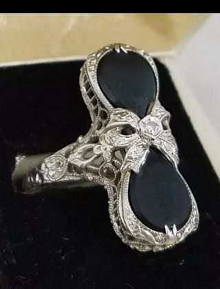 Antique Art Deco 14k White Gold Onyx & Diamond Filigree Bow Ring