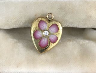 Antique Victorian 14k Gold,  Diamond French Guilloche Enamel Puffy Heart Locket