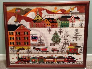 Vintage Christmas Framed Finished Cross Stitch Rustic Town/train/sleigh/america