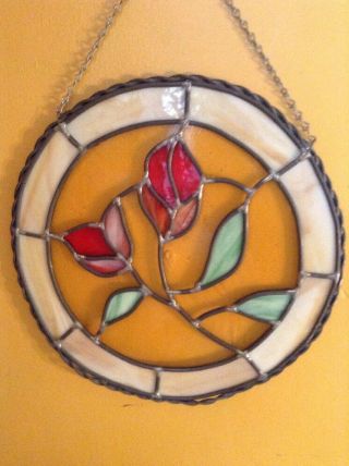 Large 14 " Vintage Stained Glass Wall Hanging Sun Catcher Flower Rose