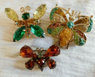 Vintage Set Of 3 Butterfly Pins,  Stone 1 Signed Wiesner,  2 Rhinestones
