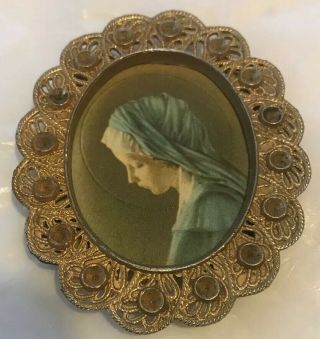 Vintage Mini Oval Picture Frame With Madonna Ornate Gold Tone With Stand
