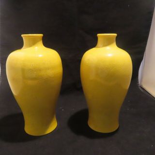 Antique Chinese Yellow Imperial Vases With Incised Butterflies & Flowers