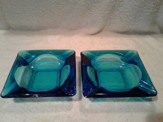2 Vintage Blue Glass Ashtray 6 " Heavy Thick Glass Retro
