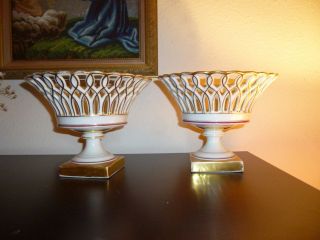 2 Antique Compotes Porcelain Fruit Bowls Reticulated Baskets Vases Old Paris