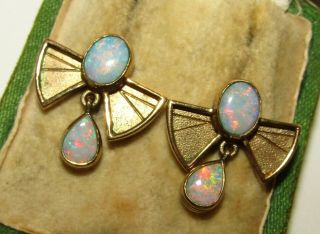 Fab,  Unusual Antique Art Deco 9 Ct Gold Geometric Fire Opal Earrings