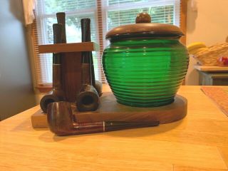 Vintage Wooden Smoking Pipe Stand With Tobacco Jar And Five Pipes