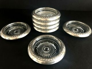 Vintage Set Of 7 Glass Coaster With Sterling Silver Trim Marked 4 " Diameter