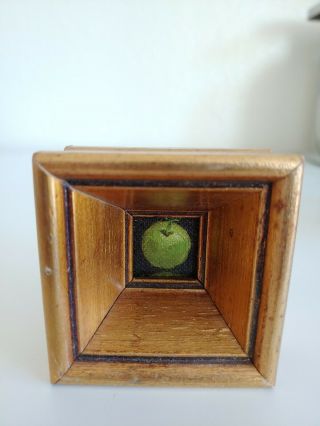 Vtg.  Framed Miniature Oil Painting Still Life Green Apple Fruit 1 1/4 "