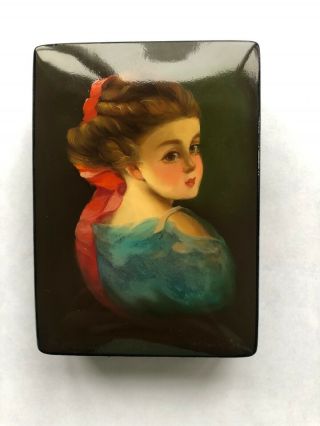 Vintage Russian Lacquer Box Hand Painted Portrait Of A Girl