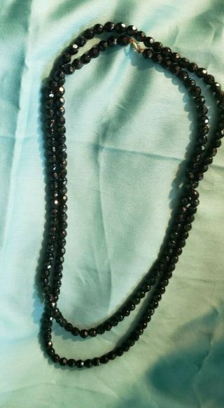 Vintage Dramatic Black Bohemian Glass Faceted Bead 48 " Necklace