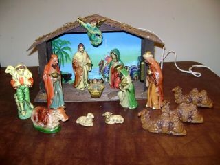 Vintage Sears Hand Painted Made In Japan 15 Piece Nativity Set Musical