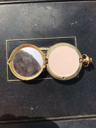 Vintage Brass Round Pocket Watch Style Powder Compact Mirror With Floral Design