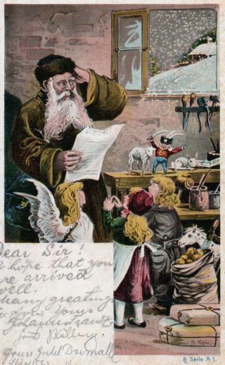 Vintage Christmas Greeting Postcard: Santa Claus & Children In Workshop Mohlay