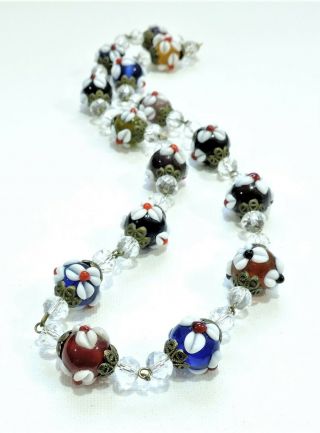 Vintage Multi Color With White Flowers Lampwork Art Glass Bead Necklace Oc19406