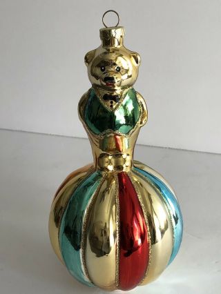 Vintage Large Glass Finial Christmas Ornament Bear On Circus Ball 6” Tall