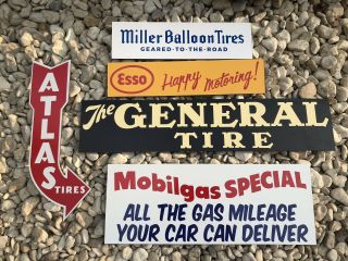 Antique Vintage Old Style General Atlas Mobil Esso Miller Tire Gas Signs