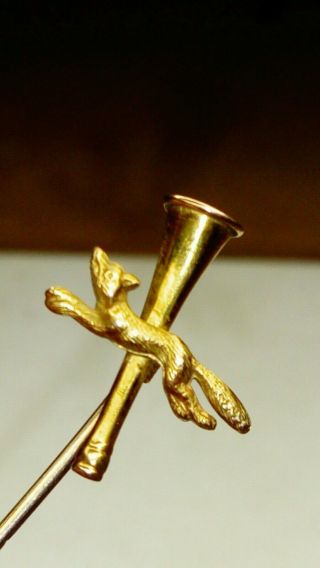 Antique Victorian Hallmarked 9ct Yellow Gold Fox & Hunting Horn Cravat Stock Pin