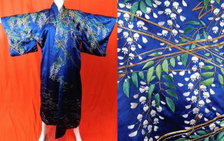 Antique Japanese Blue Silk White Wisteria Embroidered Gold Couching Kimono Robe