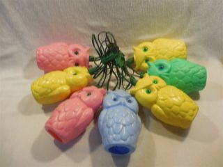 Vintage Blow Mold Owl Party Rv 7 Light String Pastel Pink Lt Blue Green Yellow